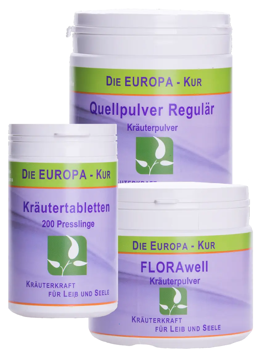Europa-Kur Kräuterprodukte Set – Quellpulver Regular, FLORAwell Kräuterpulver und Kräutertabletten für natürliche Unterstützung von Körper und Wohlbefinden